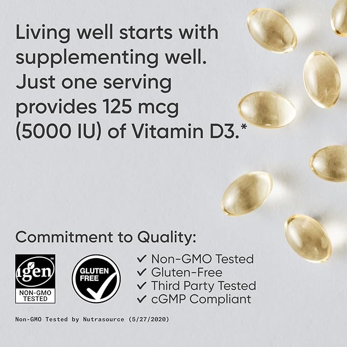 Sports Research Vitamin D3 5000 IU with Coconut MCT Oil - Extra Strength Vitamin D Supplement - Non-GMO Verified, Gluten & Soy Free – 125mcg, 30 Liquid Softgels
