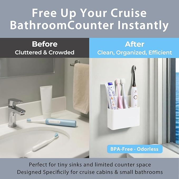 Cruise Essentials 2026 – Magnetic Toothbrush Holder for Cruise Ship Cabin, Wall-Mounted Cruise Bathroom Organizer, Travel Toothbrush Holder for Caribbean Cruise & Alaskan Cruise Must Haves (White)