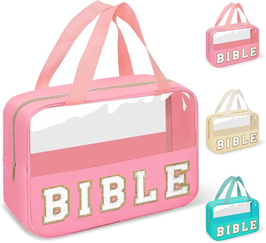 Chenille Letter Bible Bag Cover Case for Women,Preppy Bible Study Supplies Church Bag Purse Bible Accessories with Handle Zipper,Waterpoof Travel Makeup Bag Christmas Christian Gifts(BIBLE-Pink)