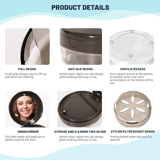 Denture Cup Retainer Case, No-Leak Denture Bath, Travel Case with Strainer & Mirror (Grey)