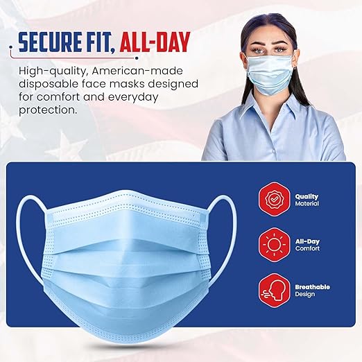 Amerishield ASTM Level 2 Disposable Face Masks, 3-Layer, Comfortable Fit, Made in USA, 50 Pack