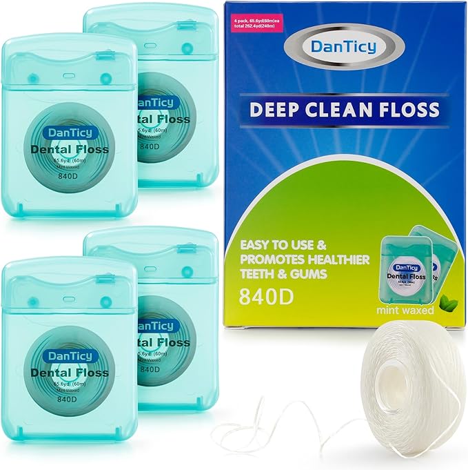 Dental Floss Deep Clean Waxed 840D Floss, Extra Wide Cleaning and Slides Smoothly & Easily is Perfect for Individuals with Tight Small Gaps Between Teeth Mint Flavored, 66Yards x 4 Pack 840D