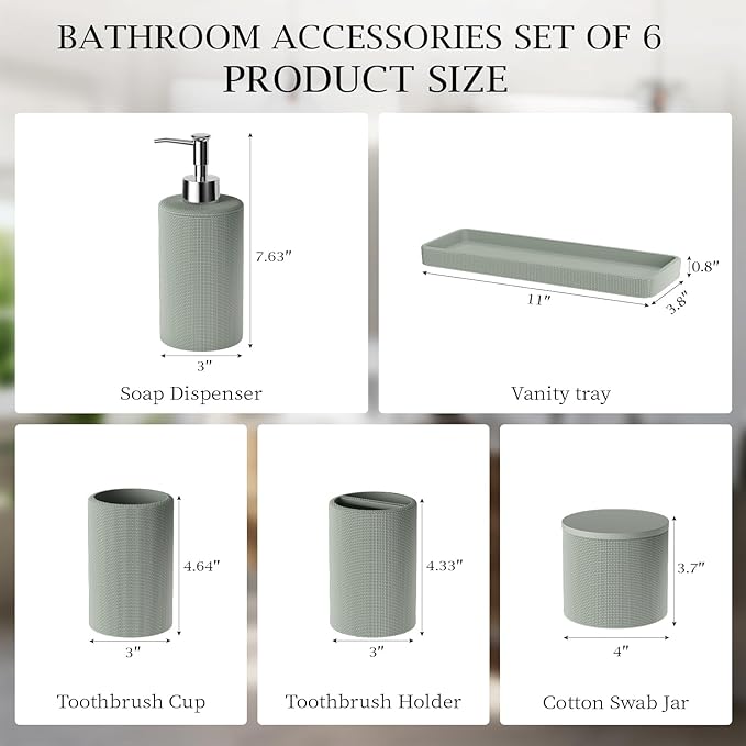 6-Piece Green Bathroom Set - Mesh Textured Resin Bathroom Accessories Set with Soap Dispenser, Toothbrush Holder, Cup, Vanity Tray & Apothecary Jars for Small Spaces