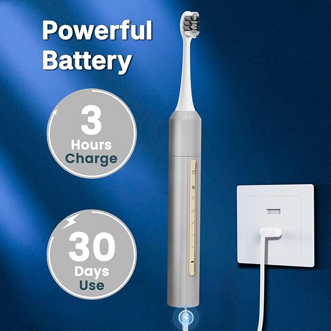 Lumivoid Sonic Electric Toothbrush for Adults & Kids - 10 Brush Heads, 30-Day Battery, 5 Modes, 2-Min Timer, IPX8 Waterproof, Rechargeable & Travel-Friendly (Silver)