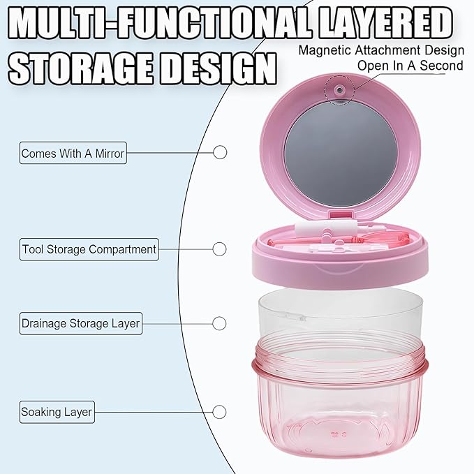 Denture Case, Leak Proof Denture Bath Cup for Travel, Large-Capacity Denture Storage Cup, Comprehensive Cleaning Kit for Dentures, Retainers and Night Guards
