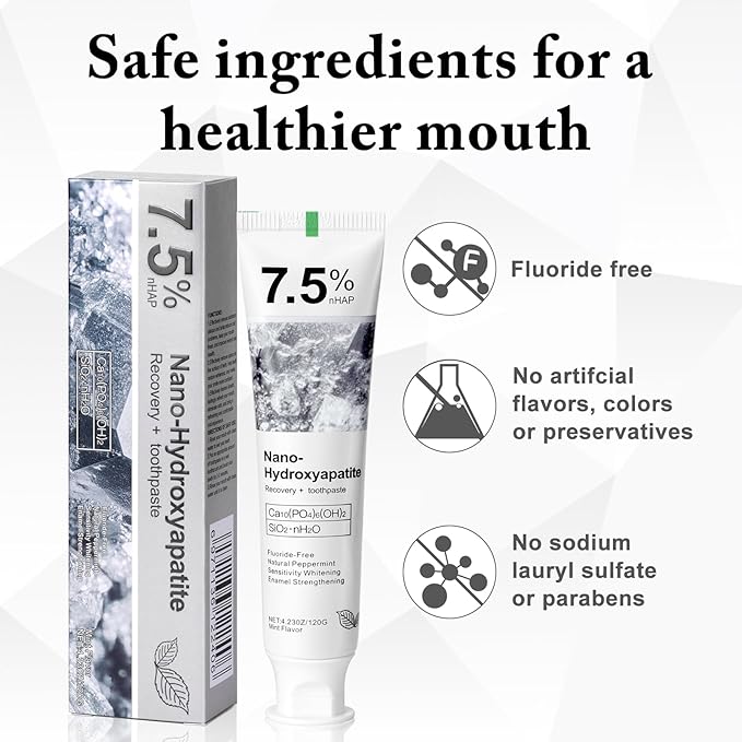 2PCS Hydroxyapatite Toothpaste 7.5 for Enamel Protection, Fluoride-Free Toothpaste for Sensitive Teeth, Fresh Breath, Mild Mint Flavor, 4.23 oz
