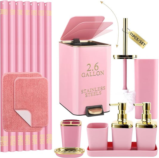 Bathroom Sets with Shower Curtain and Rugs Bathroom Accessories Set Pink Bathroom Set,Shower Curtain Set with Stainless Steel Trash Can