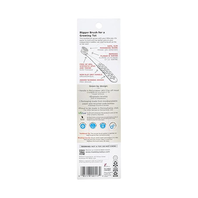 RADIUS Totz Plus Brush Kids Toothbrush Silky Soft BPA Free ADA Accepted Designed for Delicate Teeth & Gums for Children 3 Years & Up - BlueYellow - Pack of 1