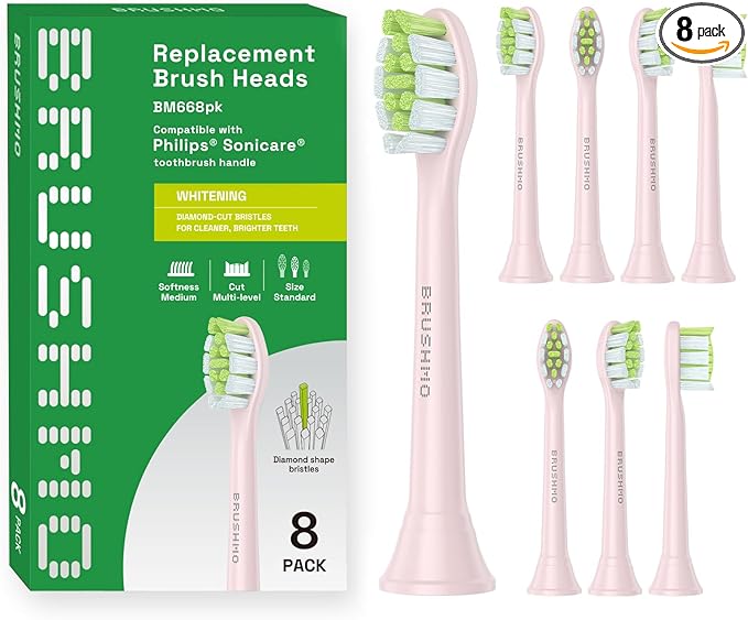 Brushmo DiamondClean Replacement Toothbrush Heads,Compatible with Philips Sonicare Click-on Electric Toothbrush Handles, 8 Standard Heads, Medium Firm Dupont Bristles, BM668, Pink