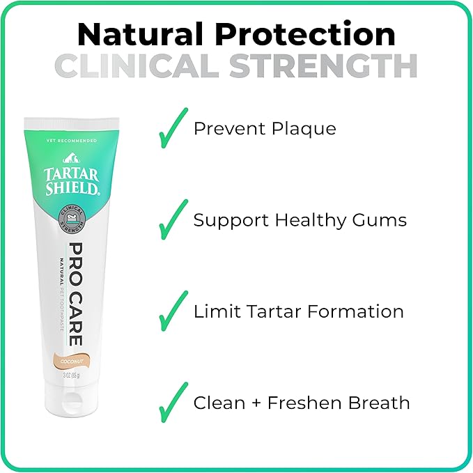 Tartar Shield Pro Care – Natural Pet Toothpaste – VOHC Approved – Protects Against Plaque & Tartar – Freshens Breath & Gently Removes Stains – for Dogs & Cats – Coconut Flavor, 3 Oz.