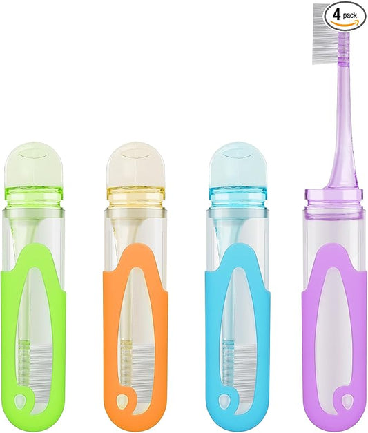 Foldable Travel Toothbrush, Portable Soft Bristles Toothbrushes Adults Size, Folding Cover Collapsible Medium Bristle Brushes Individually Wrapped Good for School Hiking Camping 4 Pieces