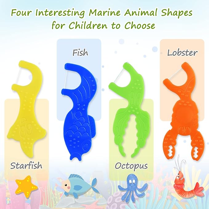 Kids Flossers, Kids Dental Floss Picks Without Fluoride, Unflavored, 4 Colors Ocean Animals Shaped Makes Flossing Fun, 50 Count (Pack of 1)