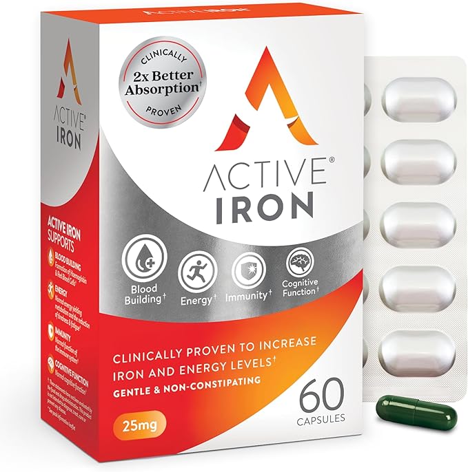 Active Iron Supplement 25mg – Clinically Proven to Increase Iron & Energy Levels – Gentle, Non-Constipating, Highly Absorbed – 60 Capsules
