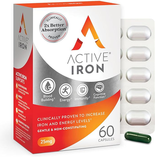 Active Iron Supplement 25mg – Clinically Proven to Increase Iron & Energy Levels – Gentle, Non-Constipating, Highly Absorbed – 60 Capsules