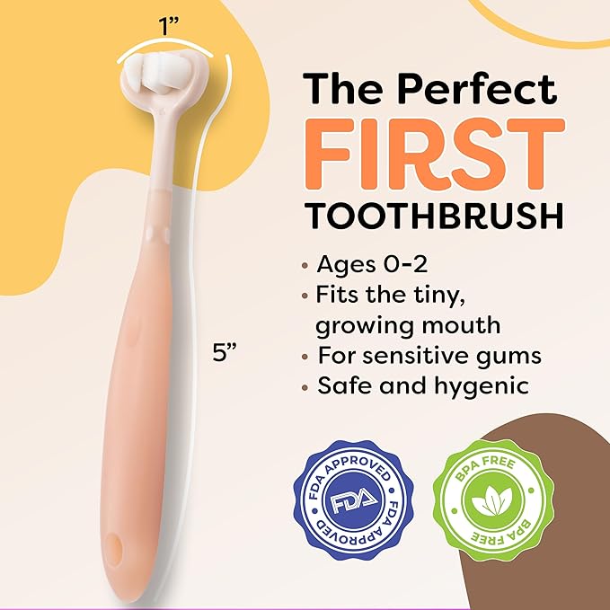 Trueocity Baby Toothbrush 12 Months and Up, Toddler Toothbrush, Extra Soft Toddler Toothbrushes 1-2 2-4, Toothhugger High Efficient 3 Sides,Infant Training Brush, 10,000 Ultra-Soft bristles (Apricot)
