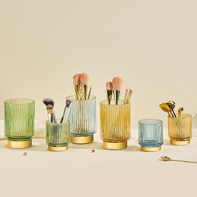 Makeup Brush Organizer, Toothbrush Holder, Desk Pen Pencil Holder, Multifunctional Vintage Glass Brush Cup (S/Gold/A3-12-US)