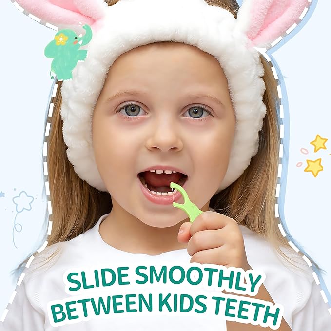 Biodegradable Kids Flossers, Cute Elephant Floss Picks, No Fluoride BPA Free Eco Friendly Dental Floss Picks, Mint Flavored, 2 Colors, 50 Count (Pack of 4)