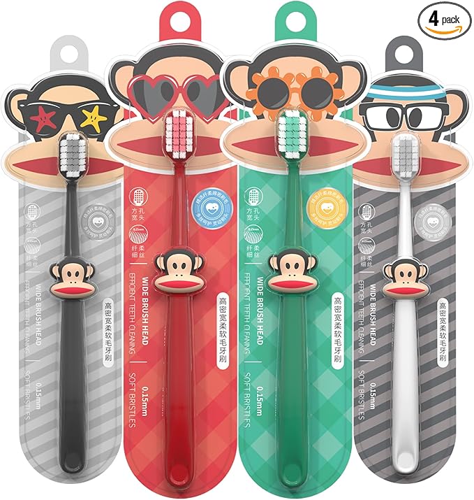 Paul Frank Soft Toothbrush for Adults - High Density Manual Toothbrushes with Dual-Color Tapered Bristles, Gentle Daily Care for Sensitive Teeth and Gums (1 Count (Pack of 4))
