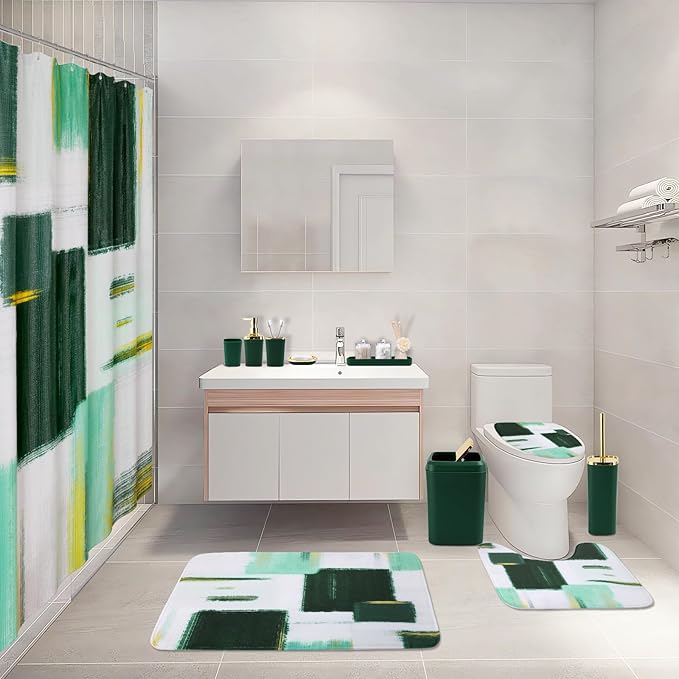 Bathroom Set - Dark Green and Gold Bathroom Accessories Set, Bathroom Sets with Shower Curtain and Rugs, Green Shower Curtain Set with Bathroom Trash Can, Soap Dispenser, Soap Dish for Home