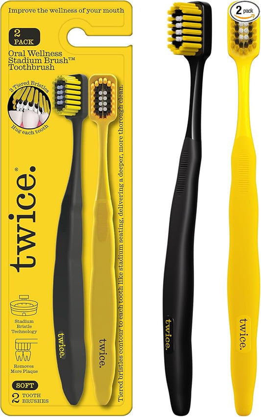 Twice Twice Oral Wellness Stadium Bristle Toothbrush – Innovative 3-Tier Soft Bristles That Help Remove Plaque by Contouring to Teeth & Gums for a Deep, Refreshing Clean, 2 Count