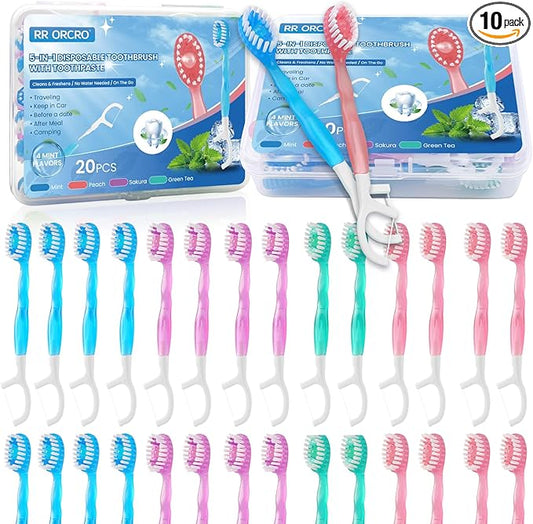 40Pack Mini Disposable Toothbrushes with Toothpaste Tongue Scraper Floss Pick 5-in-1 Single Use Portable Travel Toothbrush Individually Wrapped Box Small Prepasted Travel Toothbrush for Kids Adult