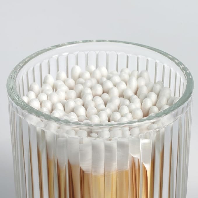 2 Pack Qtip Holder - Apothecary Jars with Lids, Bathroom Organizers and Storage Canister for Cotton Balls,Swabs,Floss Picks,Hair Ties,Clear Glass Vintage Bathroom Decor Jar Set (Clear)