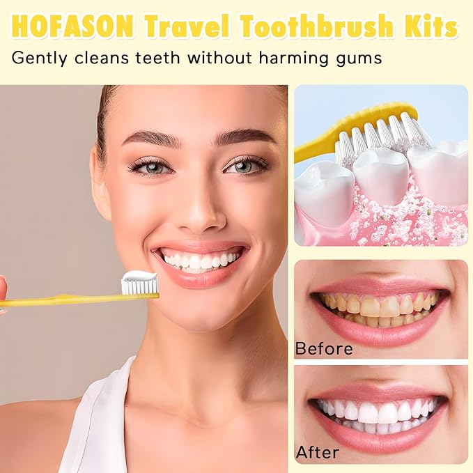 HOFASON Disposable Toothbrushes with Toothpaste Pack of 100, Yellow Hollow Travel Toothbrush Set with 5g Bulk Toothpaste Individually Wrapped for Homeless, Nursing Home, Shelter, Hotel