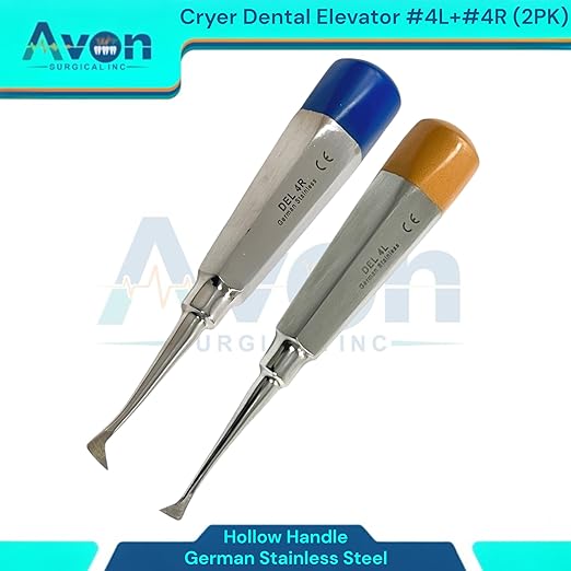 Root and Tooth Extraction Dental Cryer Elevator Pick, Sharp Angled Tip, Color-Coded Handle Ends | Autoclave-Safe German Stainless Steel Dental Instruments (2, #4L+#4R Cryer - Set)