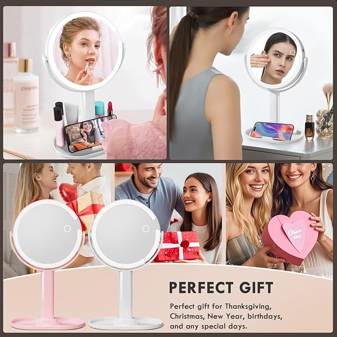 Makeup Mirror with Lights, Lighted Make Up LED Vanity Mirror for Travel, 1x/10X Magnifying Mirror, Rechargeable 3 Color & Adjustable Brightness, 360° Rotation Detachable (Pink)