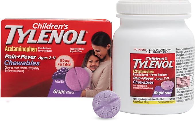 Children's Tylenol Chewables with 160 mg Acetaminophen, Pain Reliever & Fever Reducer for Kids' Cold + Flu Symptoms, Headache, Sore Throat & Toothache, Aspirin-Free, Grape Flavor, 24 ct
