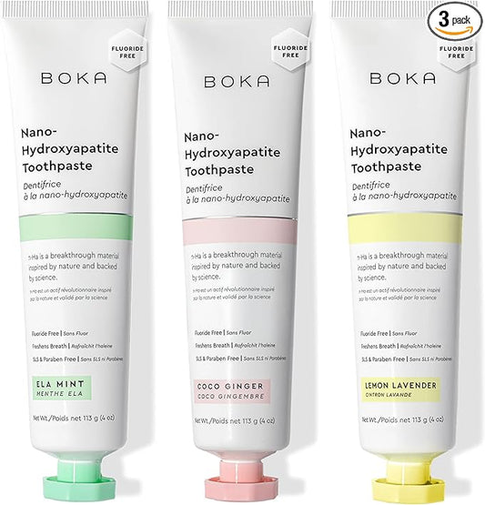 Boka Fluoride Free Toothpaste, Nano Hydroxyapatite Toothpaste, Appropriate for Sensitive Teeth - for Adult, Kids Oral Care - Ela Mint, Coco Ginger, Lemon Lavender Flavor, 4 Fl Oz 3Pk US Manufactured