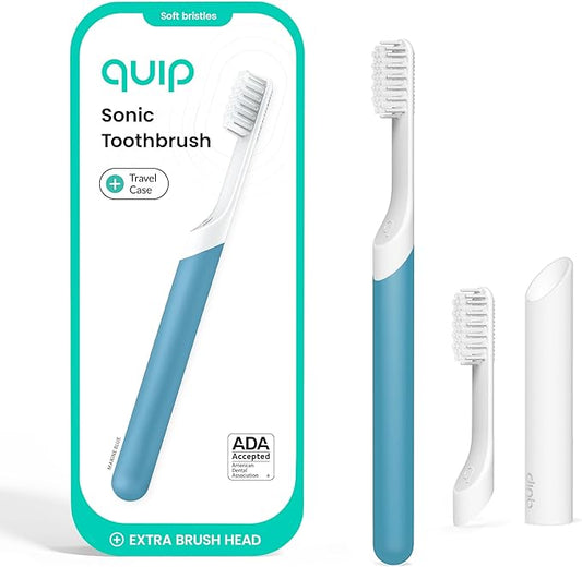 Quip Sonic Electric Toothbrush for Adults - Time Travel & Soft Bristles with Travel Case & Replacement Brush Head - 3 Month Battery Life, Plastic Handle - Marine Blue