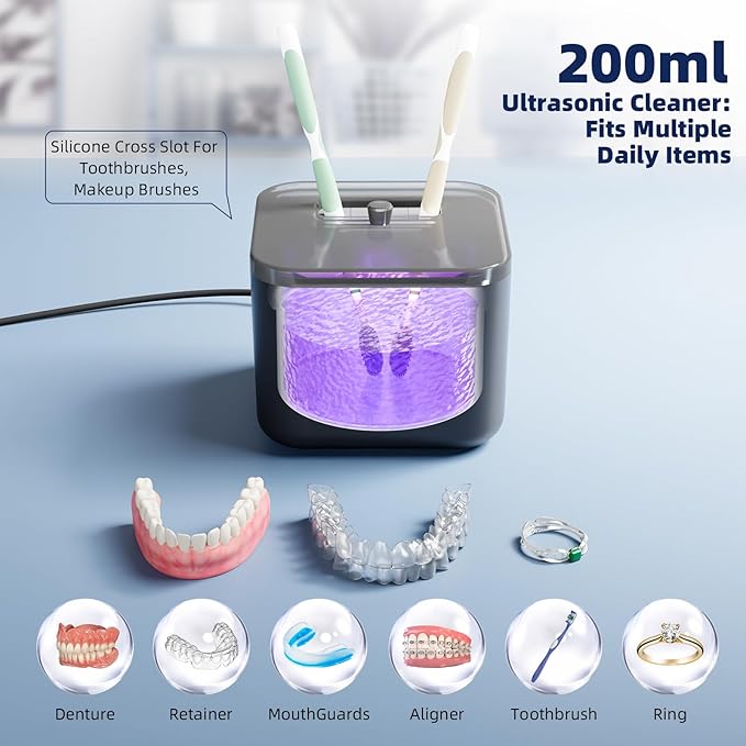 Ultrasonic Retainer Cleaner Machine, Denture Cleaner, All-in-One Dental & Jewelry Cleaner for Aligners, Night Guards, Dentures, Braces, Mouth Guards, Toothbrush Heads, 45kHz, 200ML, Dual Modes