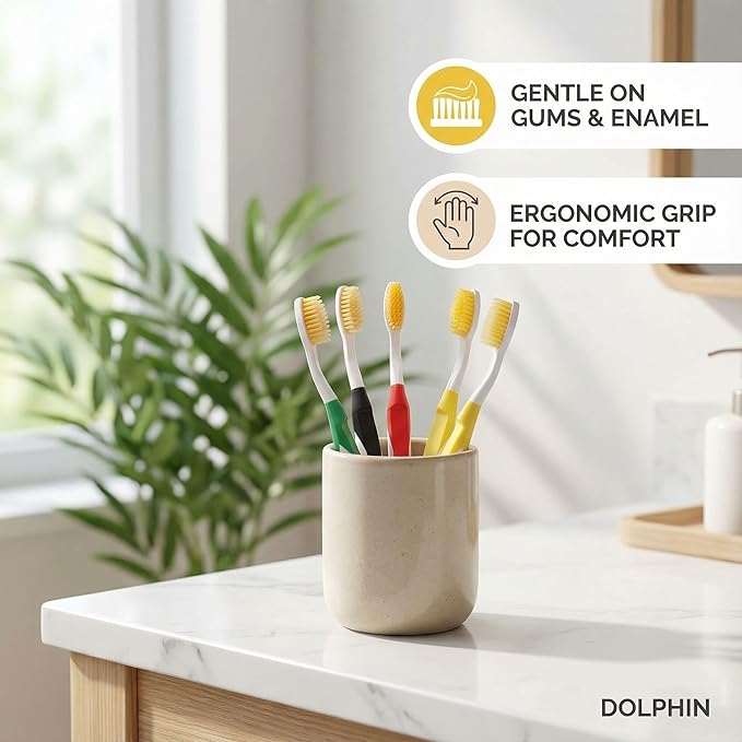 Dolphin Gold [4 Packs] Extra Soft Toothbrush Manual Long Flossing Bristle, Ultra Clean Toothbrush, Good for Sensitive Teeth and Gums (Red, Gold 4 Packs)