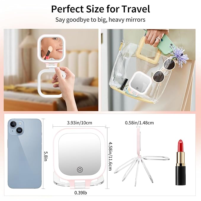 FUNTOUCH Travel Makeup Mirror with Light, 1X/10X Magnifying with 3 Light Settings & Adjustable Brightness,Rechargeable Folding Compact Double Sides Mirror for Home and Travel, Pink