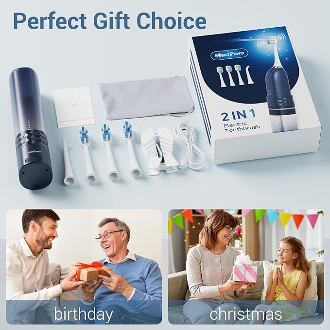 Marchpower Upgraded 2-in-1 Electric Toothbrush with Water Flosser, Ultrasonic Cleaning & 3+4 Smart Modes, Portable Oral Irrigator with Point-Jet, Rechargeable IPX7 Waterproof for Home & Travel Use