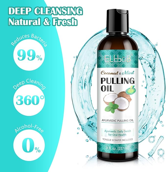 Coconut Pulling Oil - Ayurvedic Mint Oil Pulling Mouthwash with Tongue Scraper | Natural Essential Oils for Fresh Breath, Teeth Whitening & Healthy Gums | Alcohol-Free 8 Fl. Oz 2Pack