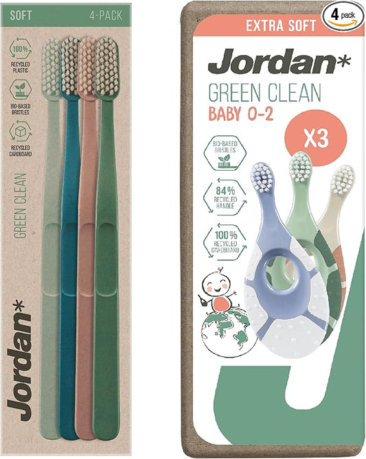 Jordan* ® | Green Clean Toothbrush | Award Winning Sustainable Toothbrush Made from Recycled Materials | Eco-Friendly | Scandinavian Design | Soft Bristle Toothbrush | Adult Toothbrush x 4 Units + Bab