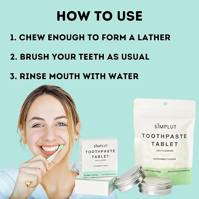 Chewable Toothpaste Tablets with Fluoride, 150 Pack - Travel Sized Oral Care, Eco Friendly Vegan Dental Tabs for Brushing - All Natural, SLS Free Ingredients for Adults - Peppermint Flavored