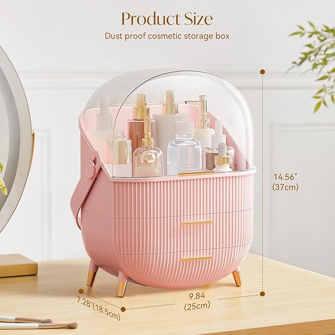 Makeup Organizers, Make Up Organizer for Vanity, Countertop Cosmetic Storage with Drawers and Transparent Cover for Bedroom Bathroom, Pink