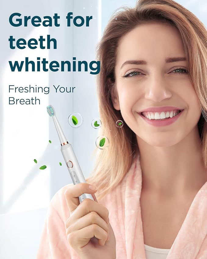 Rtauys M5 Sonic Electric Toothbrush for Adults and Kids - Rechargeable Electric Toothbrush Kids Ages 12+ and Adults with 8 Brush Heads & Travel Case, 120 Days Battery Life - White