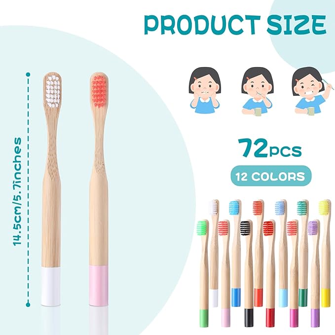 72 Pcs Kids Bamboo Toothbrushes Soft Bristle Toddler Toothbrush BPA Free Wooden Travel Toothbrushes for Kids Children Home Travel School, 5.7 Inches, Individually Wrapped
