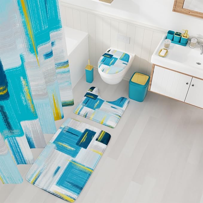 Bathroom Accessories Set - 25PC Bathroom Set with Shower Curtain and Rugs, Teal Blue Bathroom Set, Bathroom Accessory Set with Press-on Lid Trash Can, Soap Dispenser and Qtip Holders