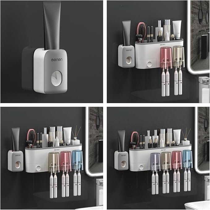 No-Drill Wall Mounted Toothbrush Holder, Bathroom Shelf, with 1 Automatic Toothpaste Dispenser 6 Brush Hooks Cups 1 Cosmetic Drawer Organizer and Large Storage (1 Dispenser + 3 Cups)