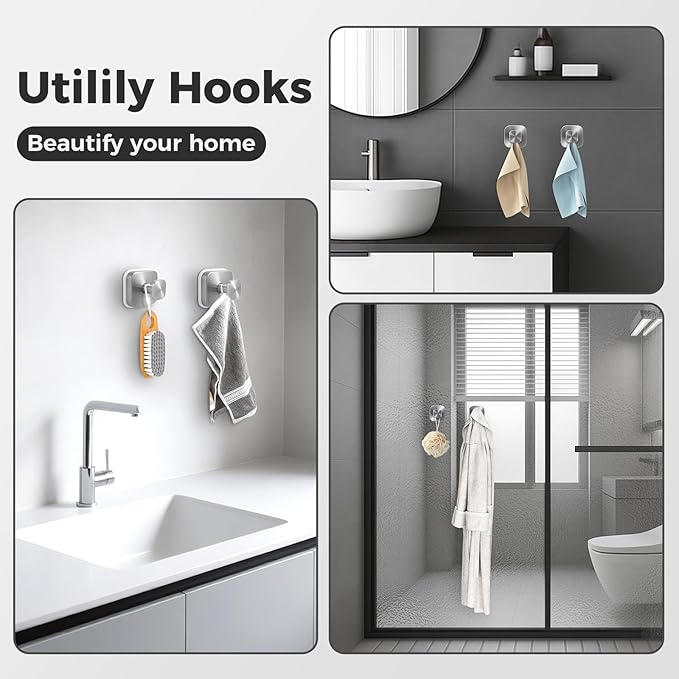 Shower Hooks for Inside Shower,Reusable Suction Cup Hooks for Glass Window,Mirror,Removable Towel Hooks for Bathroom,2 Pack(Silver)