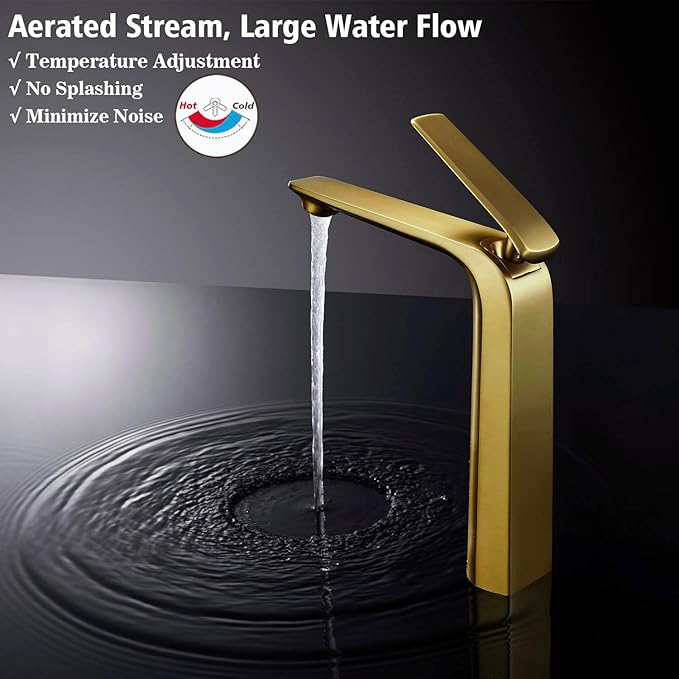 TOCALOCA Tall Bathroom Faucets Brushed Gold, One Hole Single Handle Lever Faucet for Vessel Bowl Sink, Premium Brass Bathroom Basin Faucet Lavatory Mixer Tap Gold