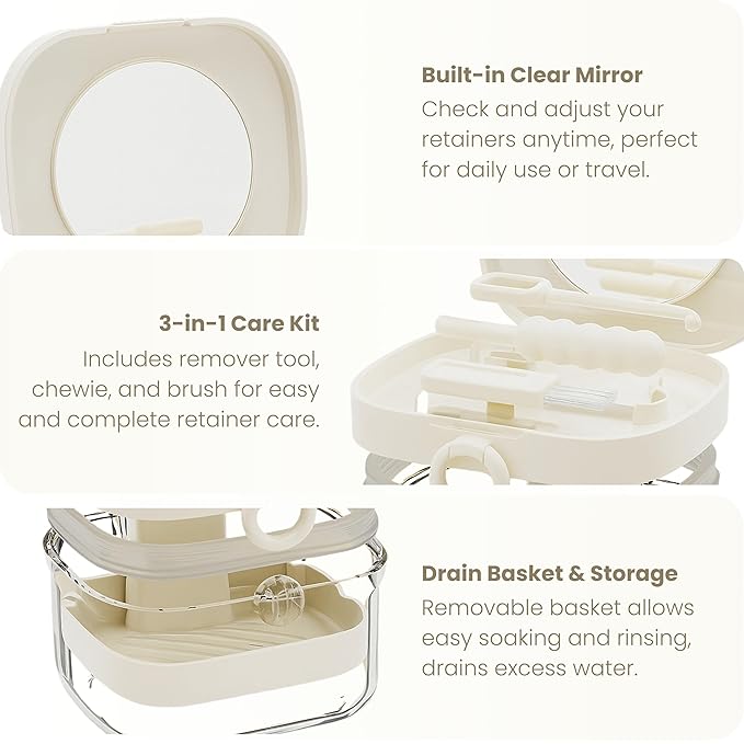 Denture Case Retainer Cleaning Case with Retainer Removal Tool and Brush, No-Leak Denture Bath Box Cup, Complete Clean Care for Clear Braces, Mouth Guard, Night Guard & Retainers (White)