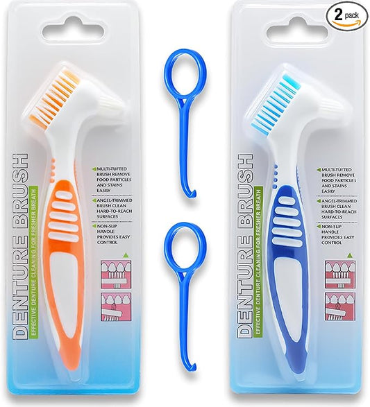 Denture Brush Dual Head Toothbrushes False Teeth Brush Denture Cleaning Kit Toothbrush (Orange Blue)