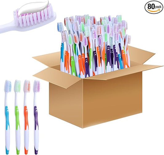 80 Pack Premium Toothbrushes, Oversized Easy Grip Rubber Handle, Soft Multi Color Nylon Bristles, Bulk Packed, No Cutting or Tearing Apart Required.