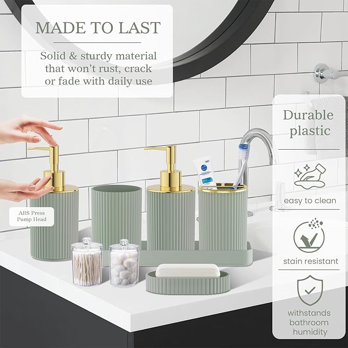 Sage Green Bathroom Accessories Set, 10PC Bathroom Set, Bath Accessory with Pop Up Trash Can, Soap Dispenser, Toilet Brush, Toothbrush Set Qtip Holders & Tray